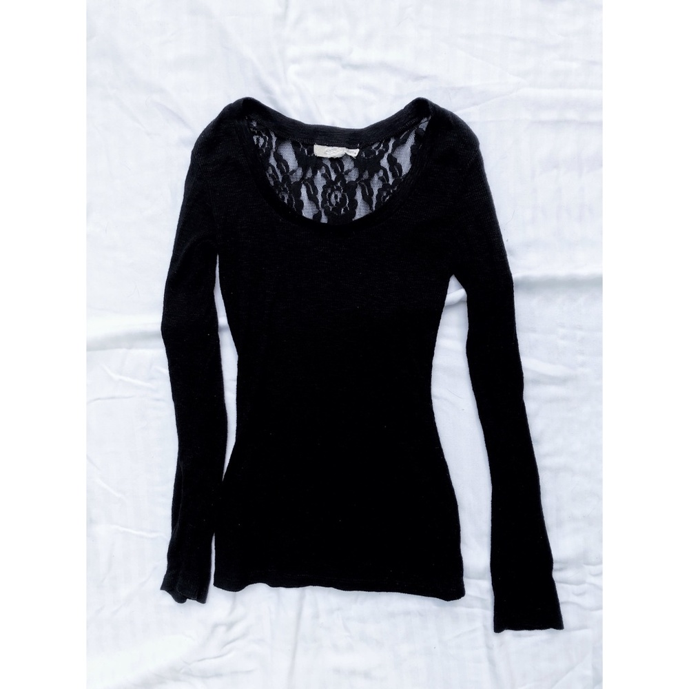 Black scoop neck long sleeve shirt with lace back